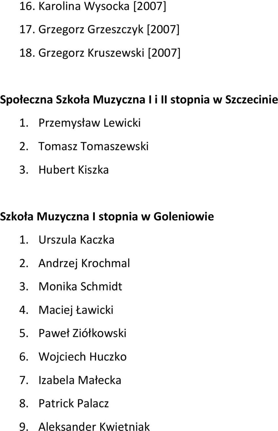Tomasz Tomaszewski 3. Hubert Kiszka Szkoła Muzyczna I stopnia w Goleniowie 1. Urszula Kaczka 2.