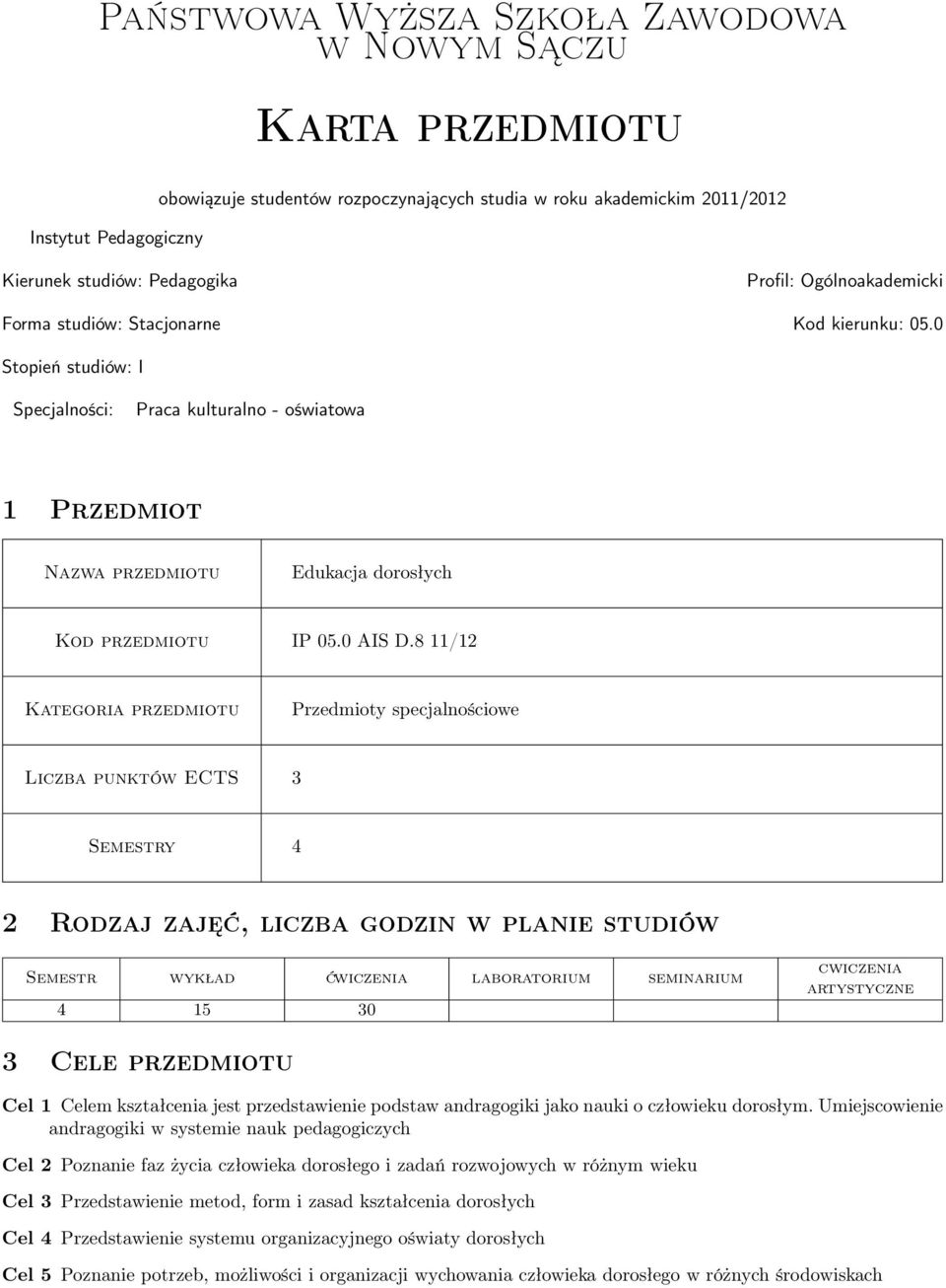 8 11/1 Kategoria Przedmioty specjalnościowe Liczba punktów ECTS Semestry 4 Rodzaj zajęć, liczba godzin w planie studiów Semestr wykład ćwiczenia laboratorium seminarium 4 15 0 cwiczenia artystyczne