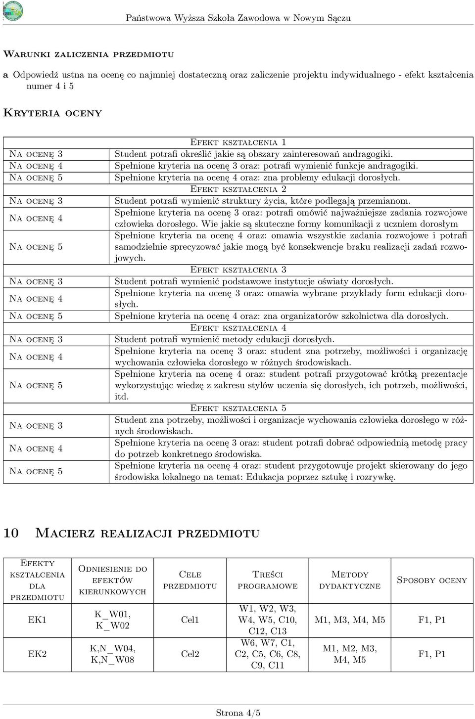 Efekt kształcenia Student potrafi wymienić struktury życia, które podlegają przemianom. Spełnione kryteria na ocenę oraz: potrafi omówić najważniejsze zadania rozwojowe człowieka dorosłego.