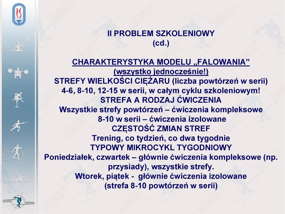 STREFA A RODZAJ ĆWICZENIA Wszystkie strefy powtórzeń ćwiczenia kompleksowe 8-10 w serii ćwiczenia izolowane CZĘSTOŚĆ ZMIAN STREF Trening,