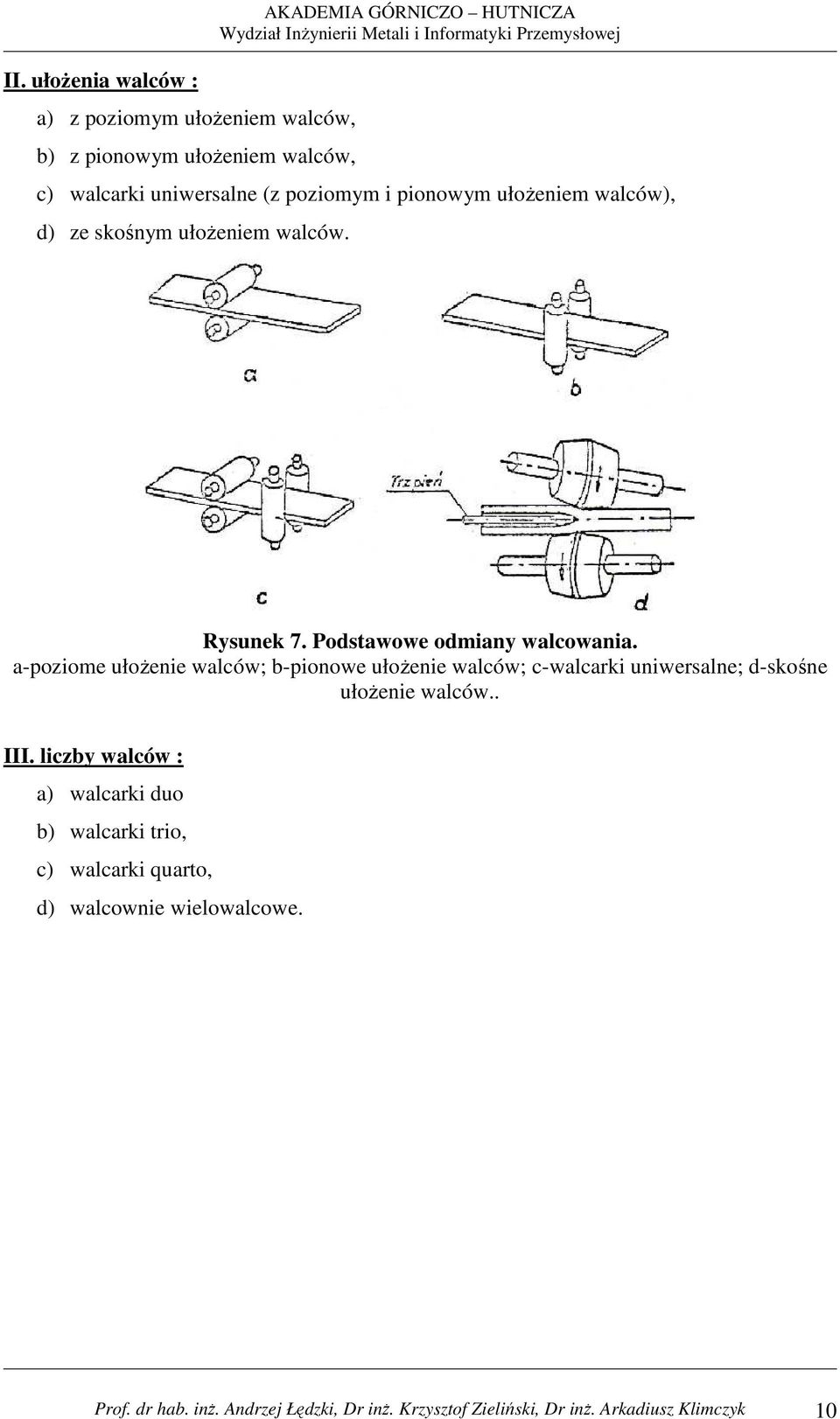 a-poziome ułoŝenie walców; b-pionowe ułoŝenie walców; c-walcarki uniwersalne; d-skośne ułoŝenie walców.. III.