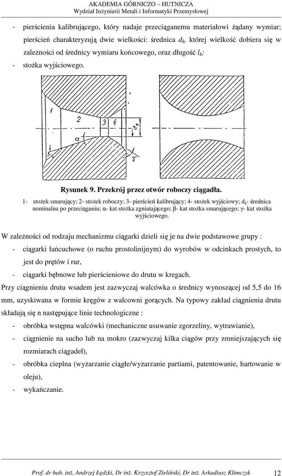 1- stoŝek smarujący; 2- stoŝek roboczy; 3- pierścień kalibrujący; 4- stoŝek wyjściowy; d k - średnica nominalna po przeciąganiu; α- kat stoŝka zgniatającego; β- kat stoŝka smarującego; γ- kat stoŝka