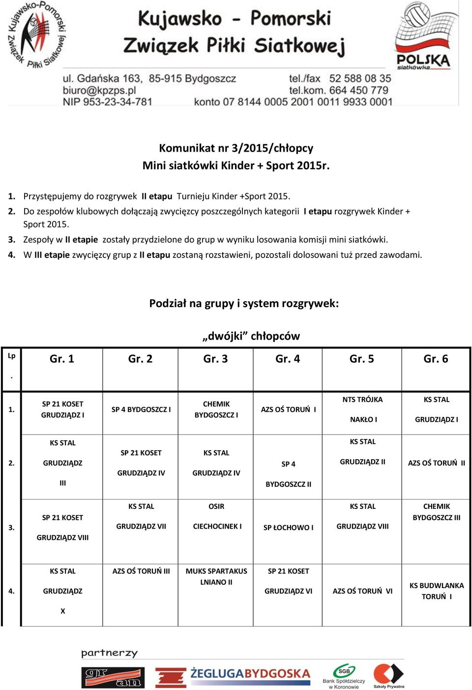 W III etapie zwycięzcy grup z II etapu zostaną rozstawieni, pozostali dolosowani tuż przed zawodami. Podział na grupy i system rozgrywek: dwójki chłopców Lp. Gr. 1 Gr. 2 Gr. 3 Gr.