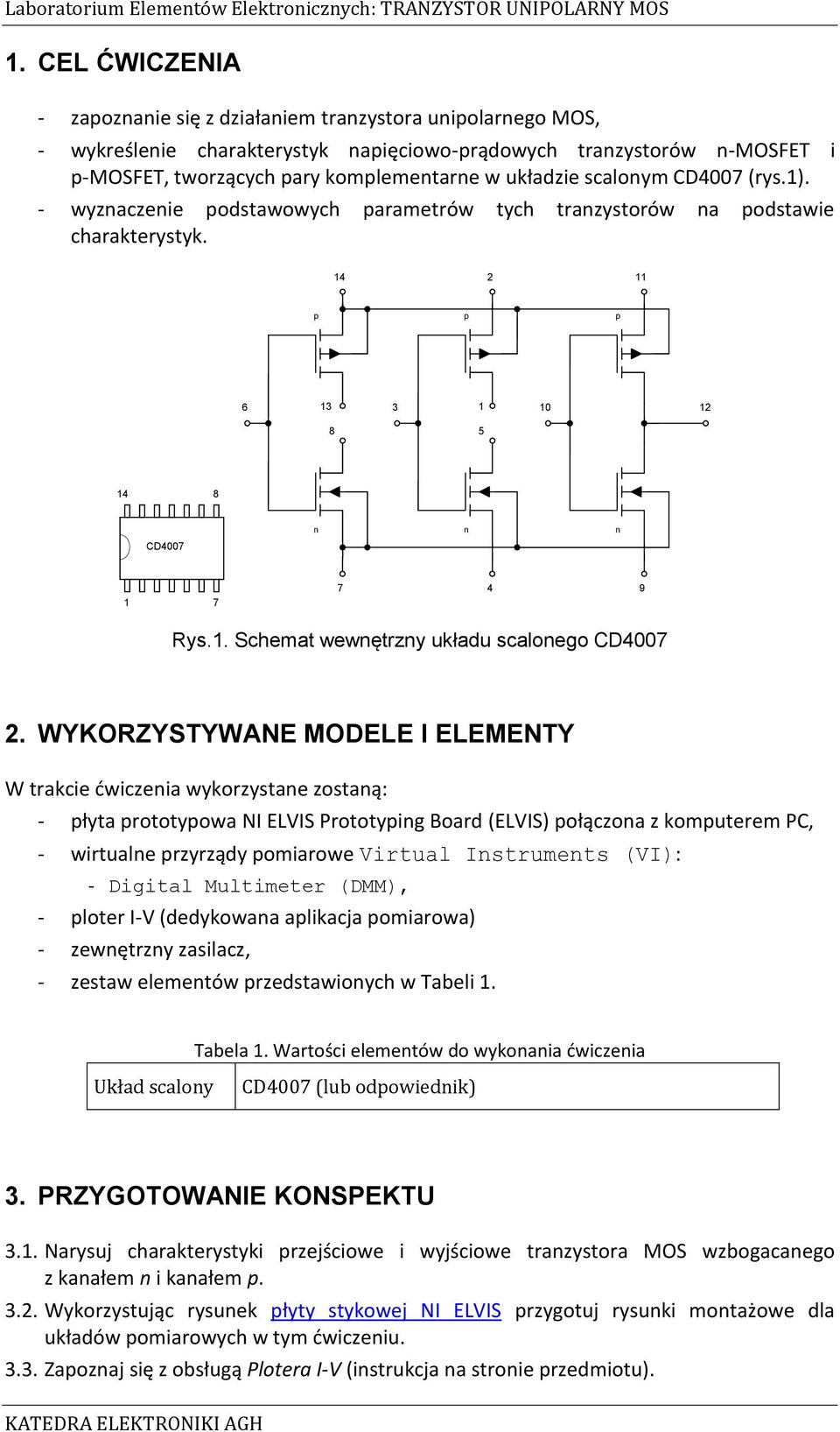 scalonym CD4007 (rys.1). - wyznaczenie podstawowych parametrów tych tranzystorów na podstawie charakterystyk. 14 2 11 p p p 6 13 3 1 10 12 8 5 14 8 n n n CD4007 1 7 7 4 9 Rys.1. Schemat wewnętrzny układu scalonego CD4007 2.