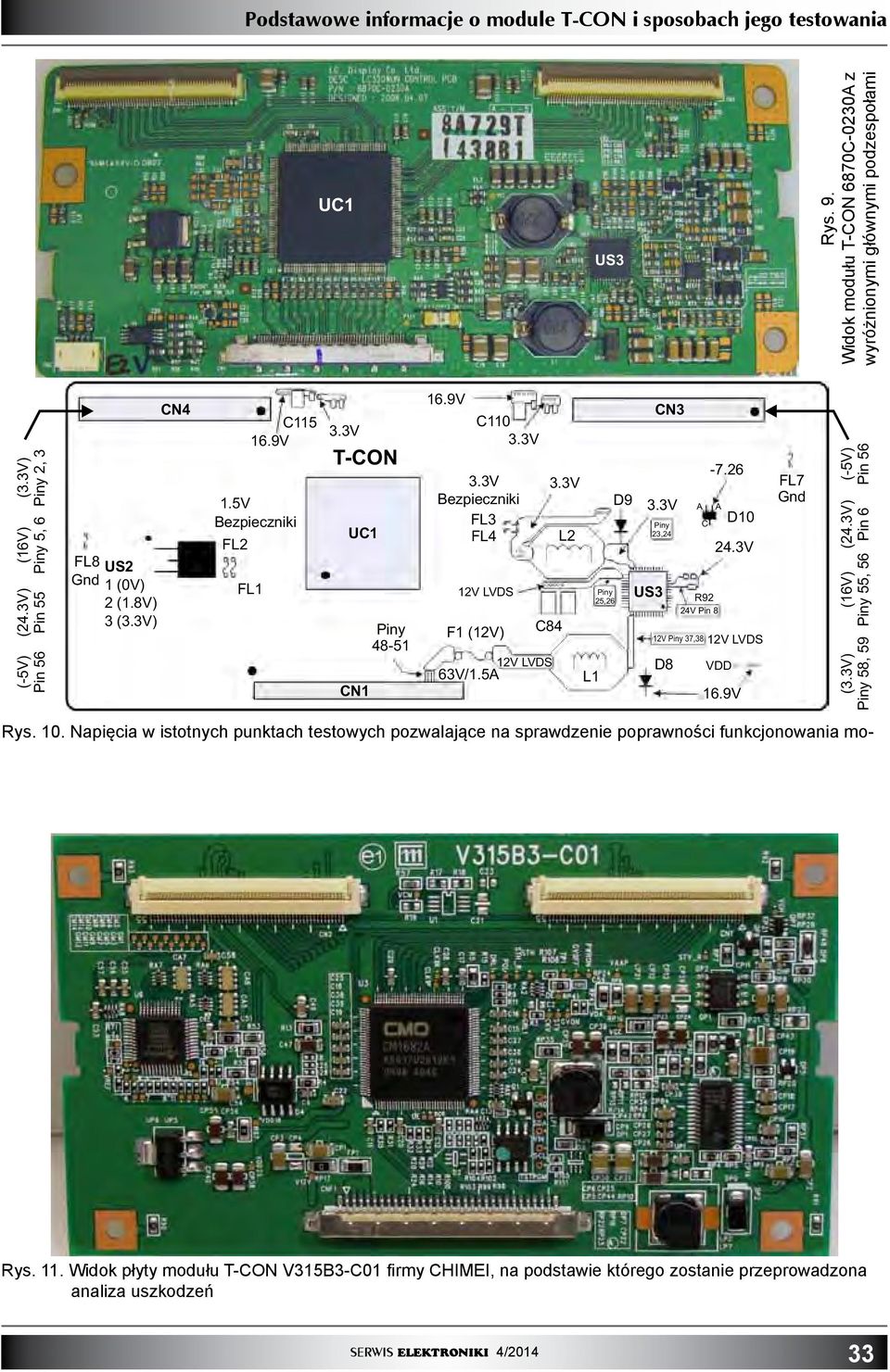 V L L Piny 5,6 CN D9.V Piny,4 US -7.6 D0 4.V V Piny 7,8 V LVDS D8 A A C R9 4V Pin 8 VDD 6.9V FL7 Gnd (-5V) Pin 56 (4.V) Pin 6 (6V) Piny 55, 56 (.V) Piny 58, 59 Rys. 0.