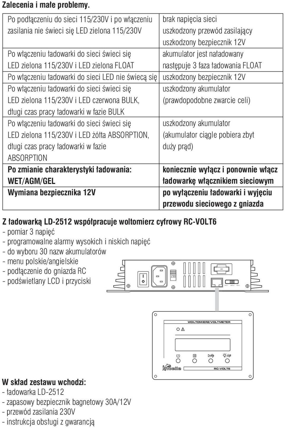 ładowarki do sieci LED nie świecą się Po włączeniu ładowarki do sieci świeci się LED zielona 115/230V i LED czerwona BULK, długi czas pracy ładowarki w fazie BULK Po włączeniu ładowarki do sieci