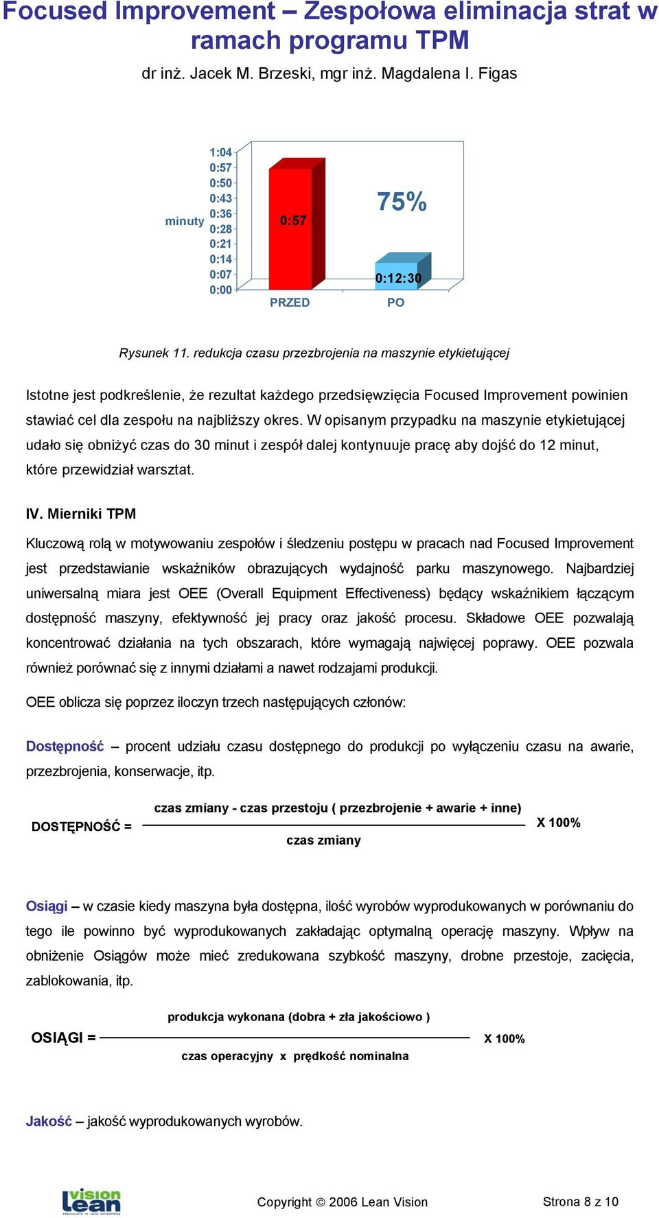 W opisanym przypadku na maszynie etykietującej udało się obniżyć czas do 30 minut i zespół dalej kontynuuje pracę aby dojść do 12 minut, które przewidział warsztat. IV.