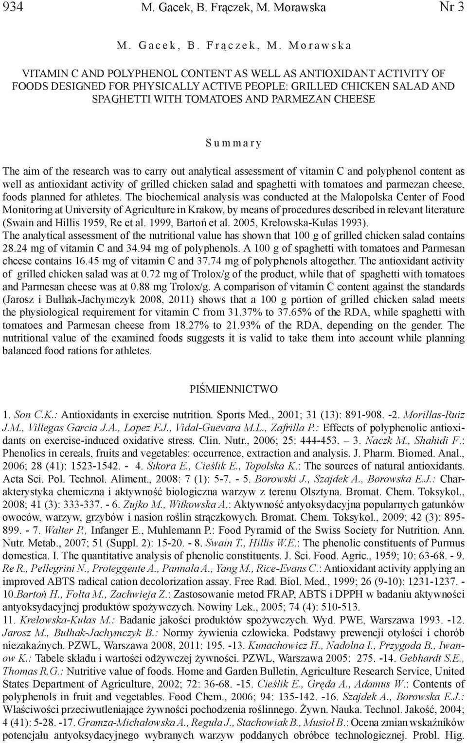 S u m m a r y The aim of the research was to carry out analytical assessment of vitamin C and polyphenol content as well as antioxidant activity of grilled chicken salad and spaghetti with tomatoes