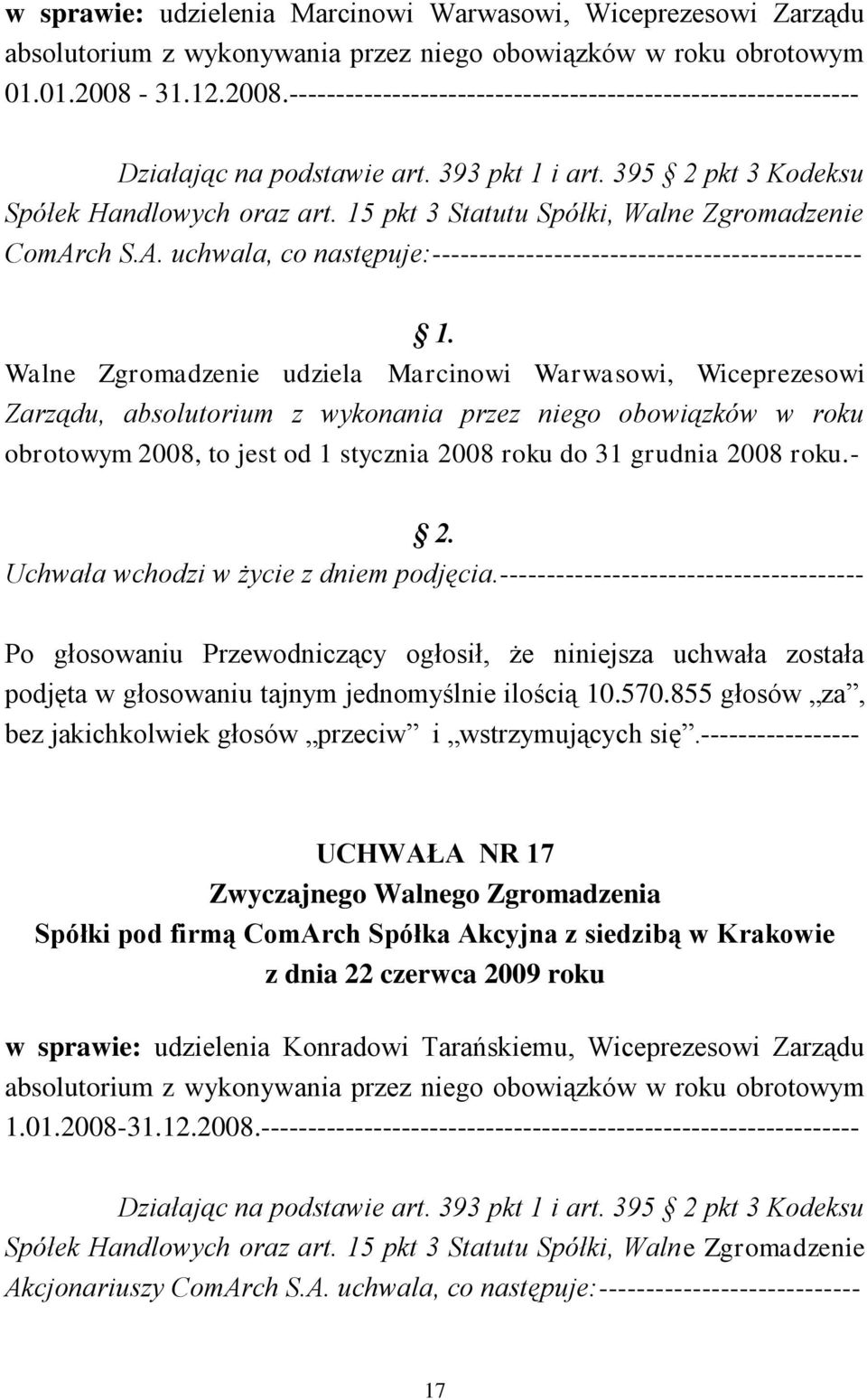 15 pkt 3 Statutu Spółki, Walne Zgromadzenie Walne Zgromadzenie udziela Marcinowi Warwasowi, Wiceprezesowi Zarządu, absolutorium z wykonania przez niego obowiązków w roku obrotowym 2008, to jest od 1