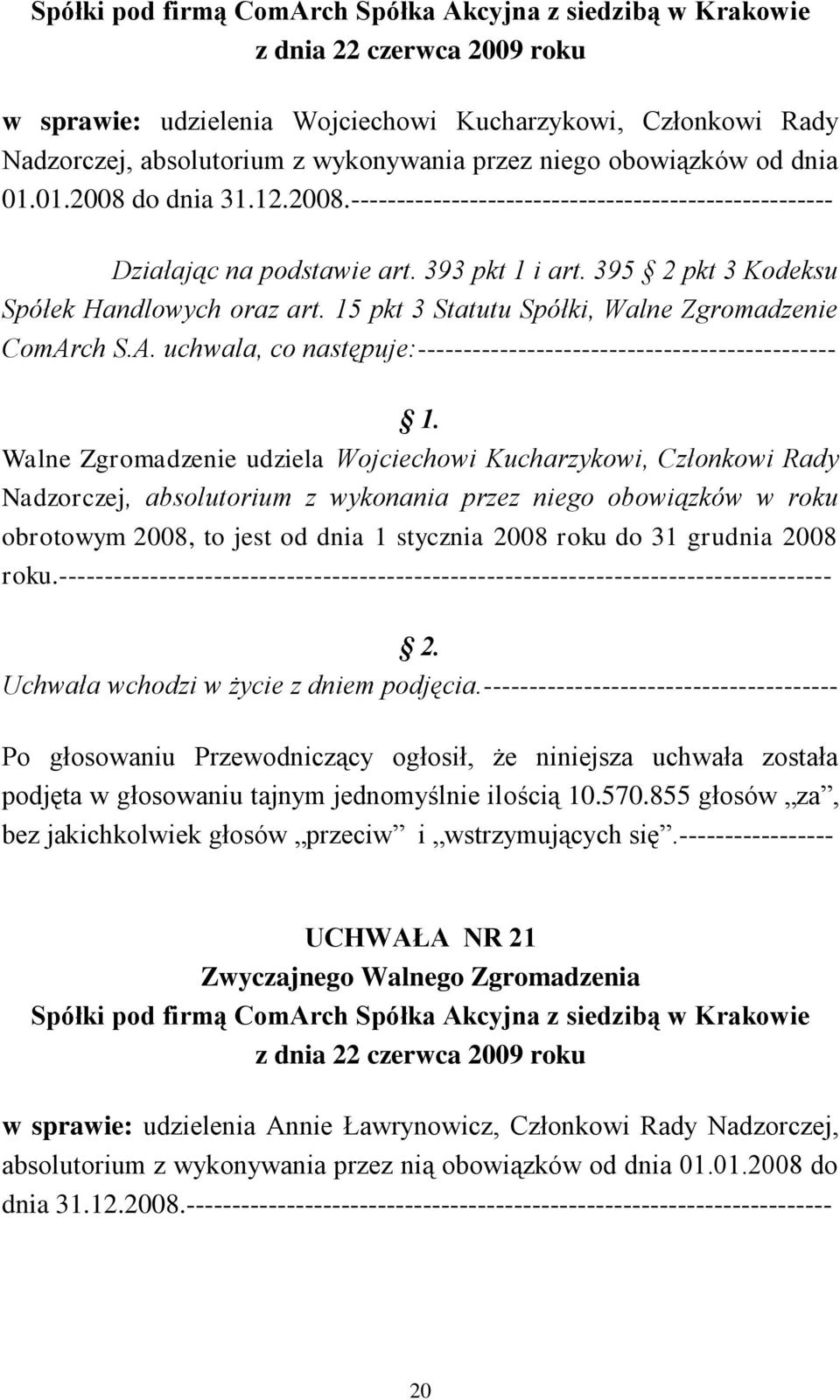 15 pkt 3 Statutu Spółki, Walne Zgromadzenie Walne Zgromadzenie udziela Wojciechowi Kucharzykowi, Członkowi Rady Nadzorczej, absolutorium z wykonania przez niego obowiązków w roku obrotowym 2008, to