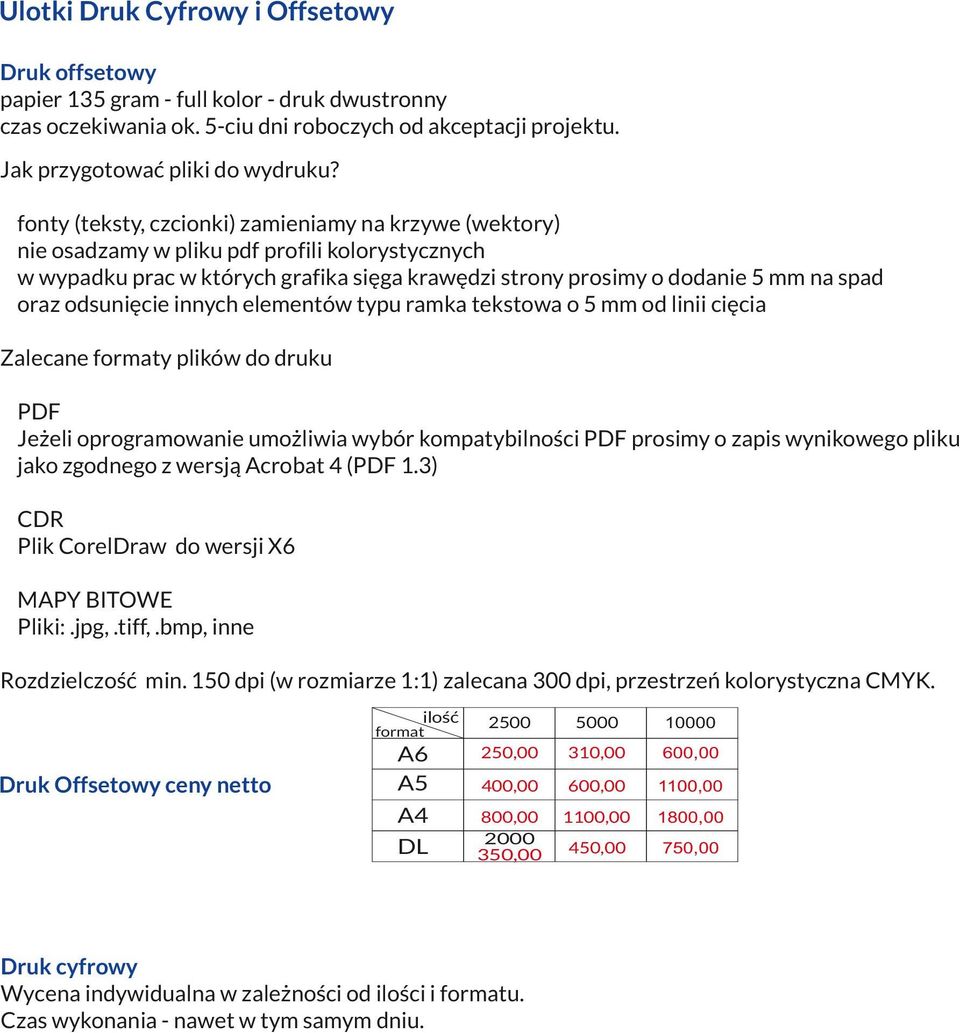 odsunięcie innych elementów typu ramka tekstowa o 5 mm od linii cięcia Zalecane formaty plików do druku PDF Jeżeli oprogramowanie umożliwia wybór kompatybilności PDF prosimy o zapis wynikowego pliku