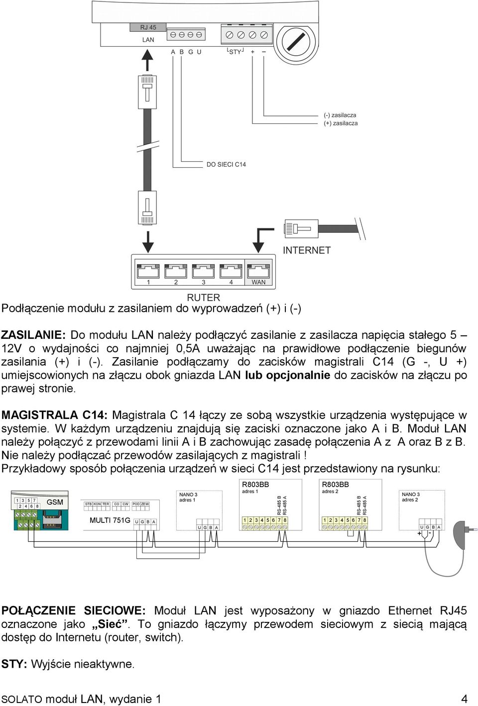 MAGISTRALA C14: Magistrala C 14 łączy ze sobą wszystkie urządzenia występujące w systemie. W każdym urządzeniu znajdują się zaciski oznaczone jako A i B.