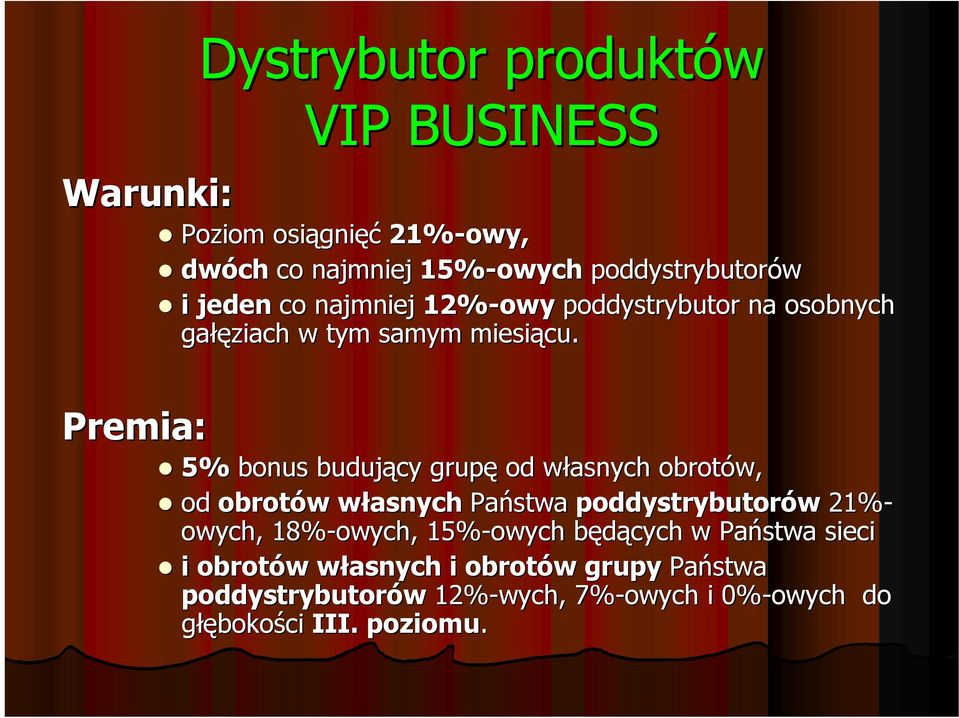 5% bonus budujący grupę od własnych obrotów, od obrotów własnych Państwa poddystrybutorów 21%- owych, 18%-owych,