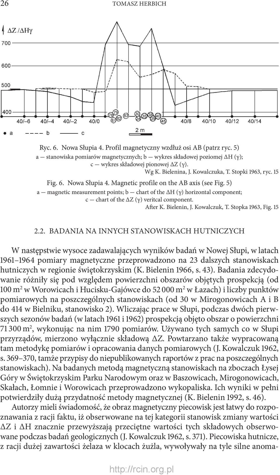 5) a - magnetic measurement points; b - chart of the ΔH (γ) horizontal component; c - chart of the ΔZ (γ) veritcal component. After K. Bielenin, J. Kowalczuk, T. Stopka 1963, Fig. 15 2.