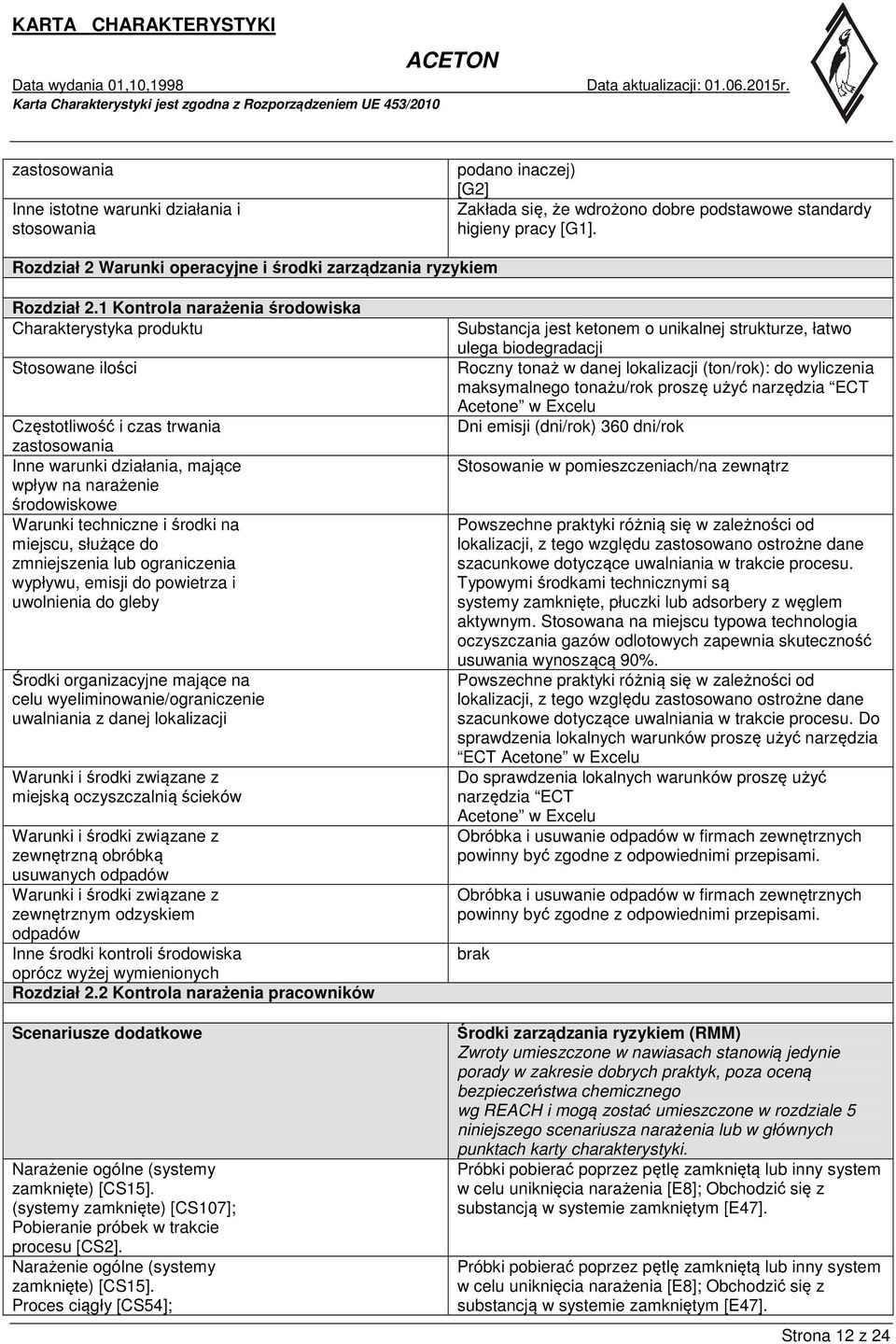 1 Kontrola narażenia środowiska Charakterystyka produktu Stosowane ilości Częstotliwość i czas trwania zastosowania Inne warunki działania, mające wpływ na narażenie środowiskowe Warunki techniczne i