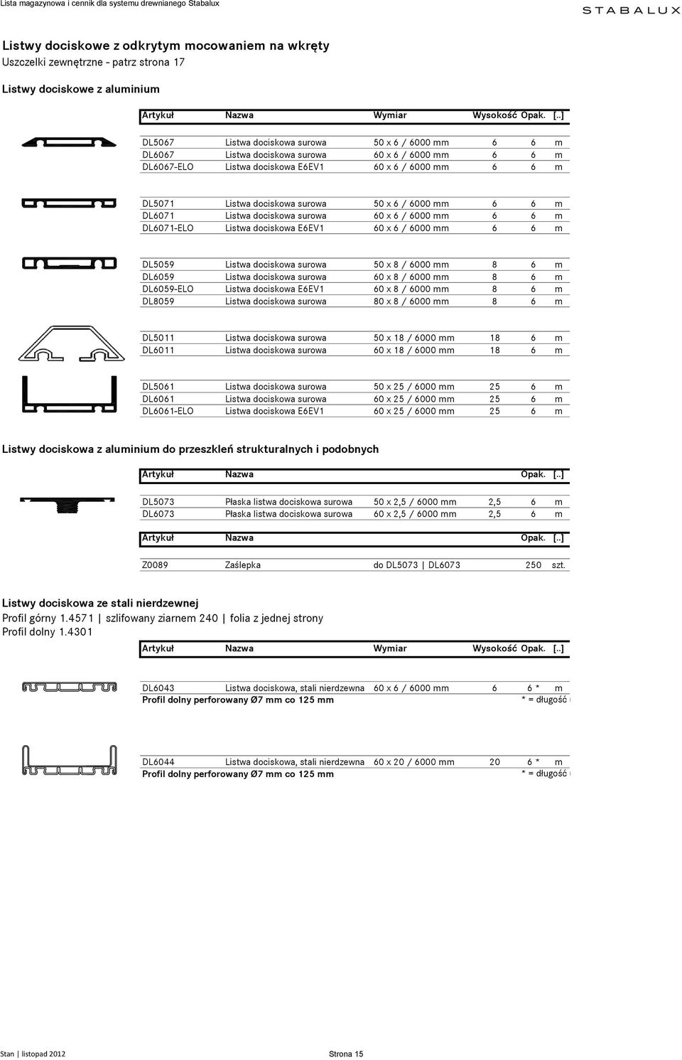 50 x 6 / 6000 mm 6 6 m DL6071 Listwa dociskowa surowa 60 x 6 / 6000 mm 6 6 m DL6071-ELO Listwa dociskowa E6EV1 60 x 6 / 6000 mm 6 6 m DL5059 Listwa dociskowa surowa 50 x 8 / 6000 mm 8 6 m DL6059