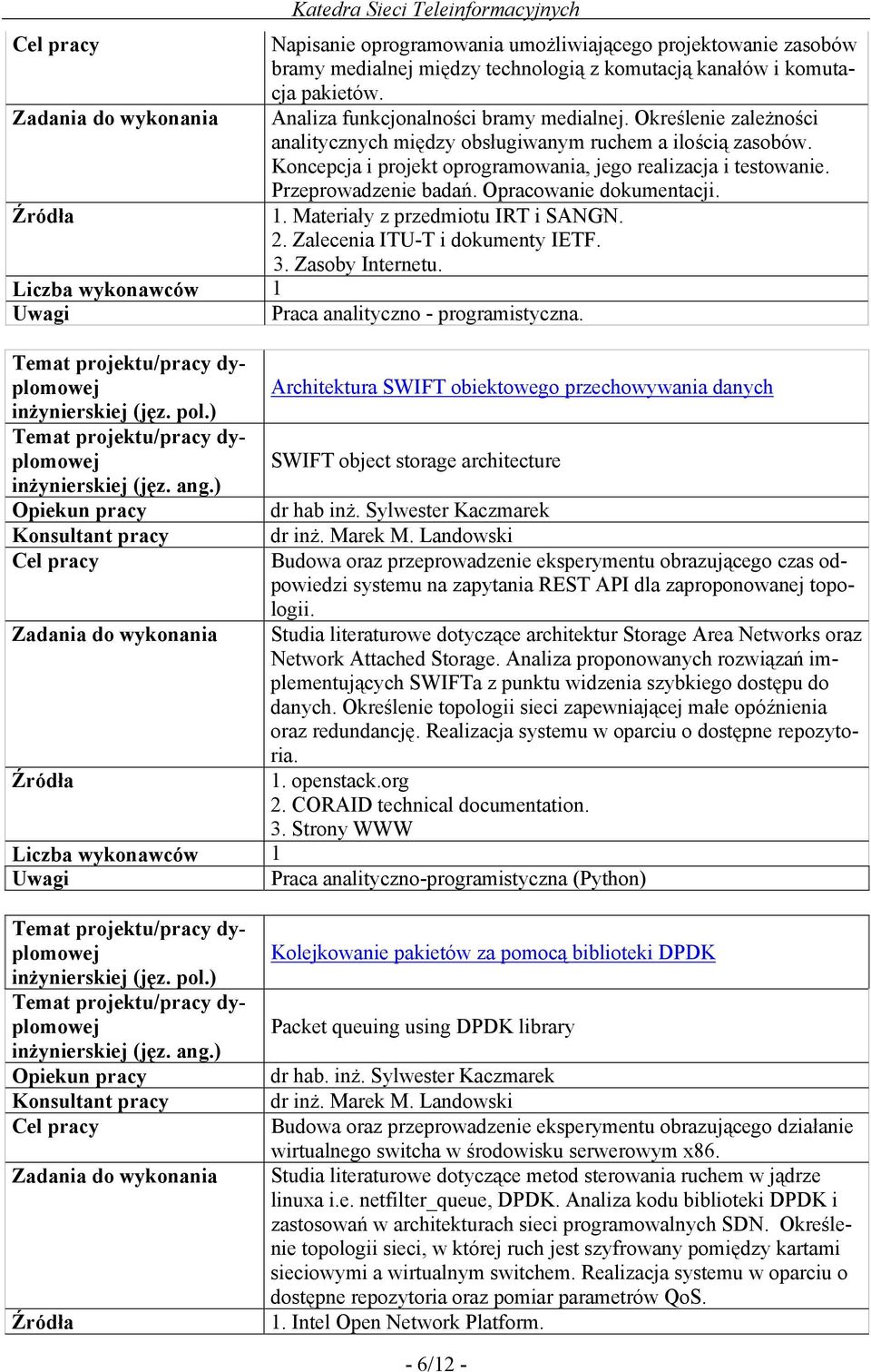 Materiały z przedmiotu IRT i SANGN. 2. Zalecenia ITU-T i dokumenty IETF. 3. Zasoby Internetu. Praca analityczno - programistyczna.