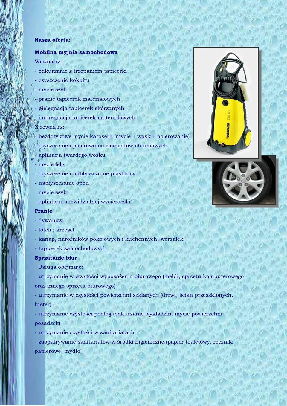 czyszczenie i nabłyszczanie plastików - nabłyszczanie opon - mycie szyb - aplikacja "niewidzialnej wycieraczki" Pranie - dywanów - foteli i krzeseł - kanap, naroŝników pokojowych i kuchennych,