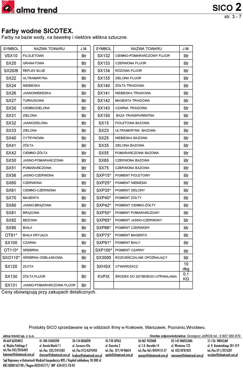 SX26 JASNONIEBIESKA SX141 NIEBIESKA TRIADOWA SX27 TURKUSOWA SX142 MAGENTA TRIADOWA SX30 CIEMNOZIELONA SX143 CZARNA TRIADOWA SX31 ZIELONA SX150 BAZA TRANSPARENTNA SX32 JASNOZIELONA SX15 FIOLETOWA