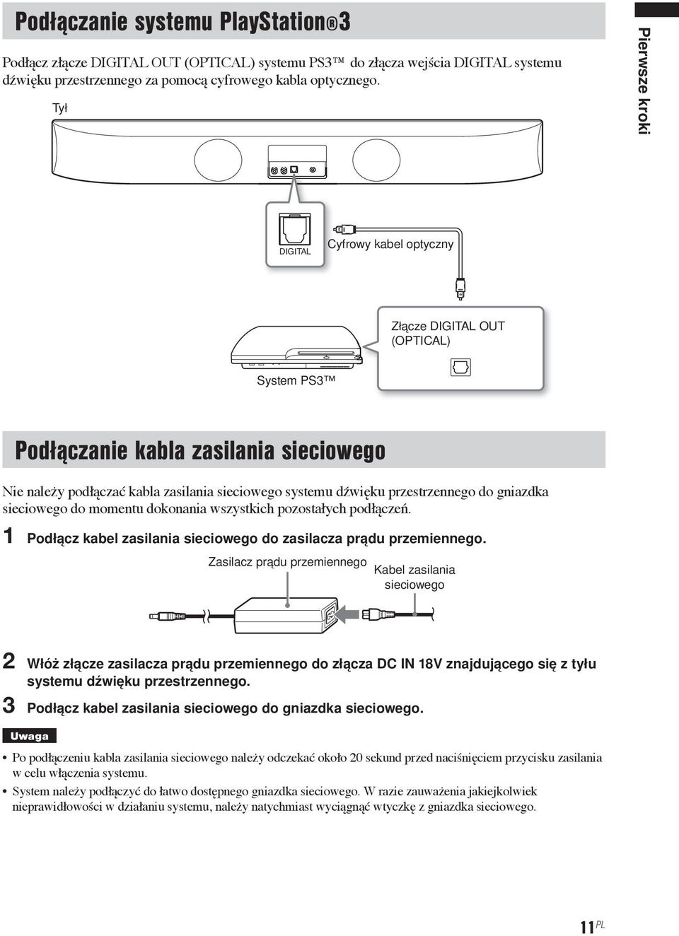 przestrzennego do gniazdka sieciowego do momentu dokonania wszystkich pozostałych podłączeń. 1 Podłącz kabel zasilania sieciowego do zasilacza prądu przemiennego.