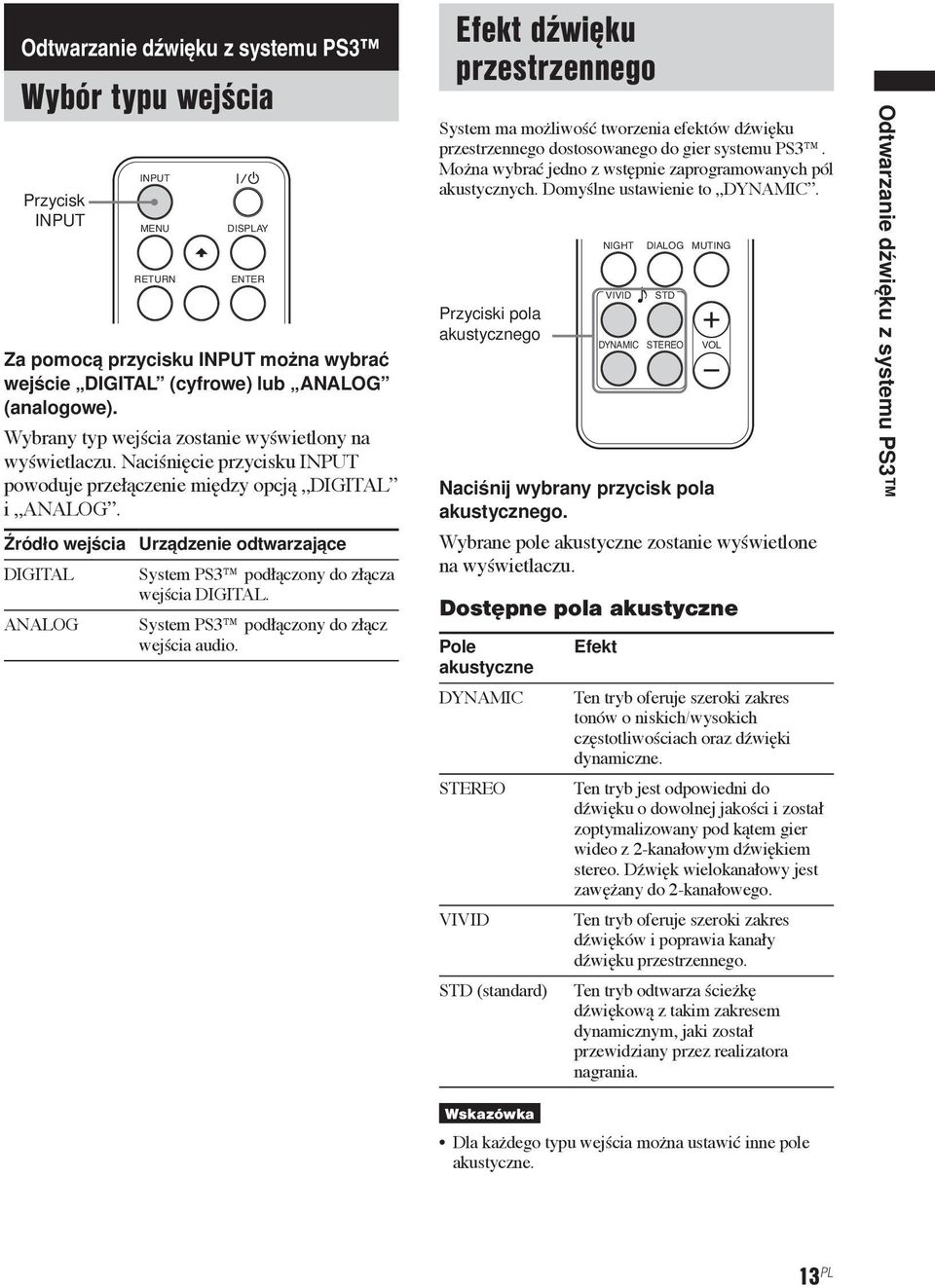 Źródło wejścia DIGITAL ANALOG Urządzenie odtwarzające System PS3 podłączony do złącza wejścia DIGITAL. System PS3 podłączony do złącz wejścia audio.
