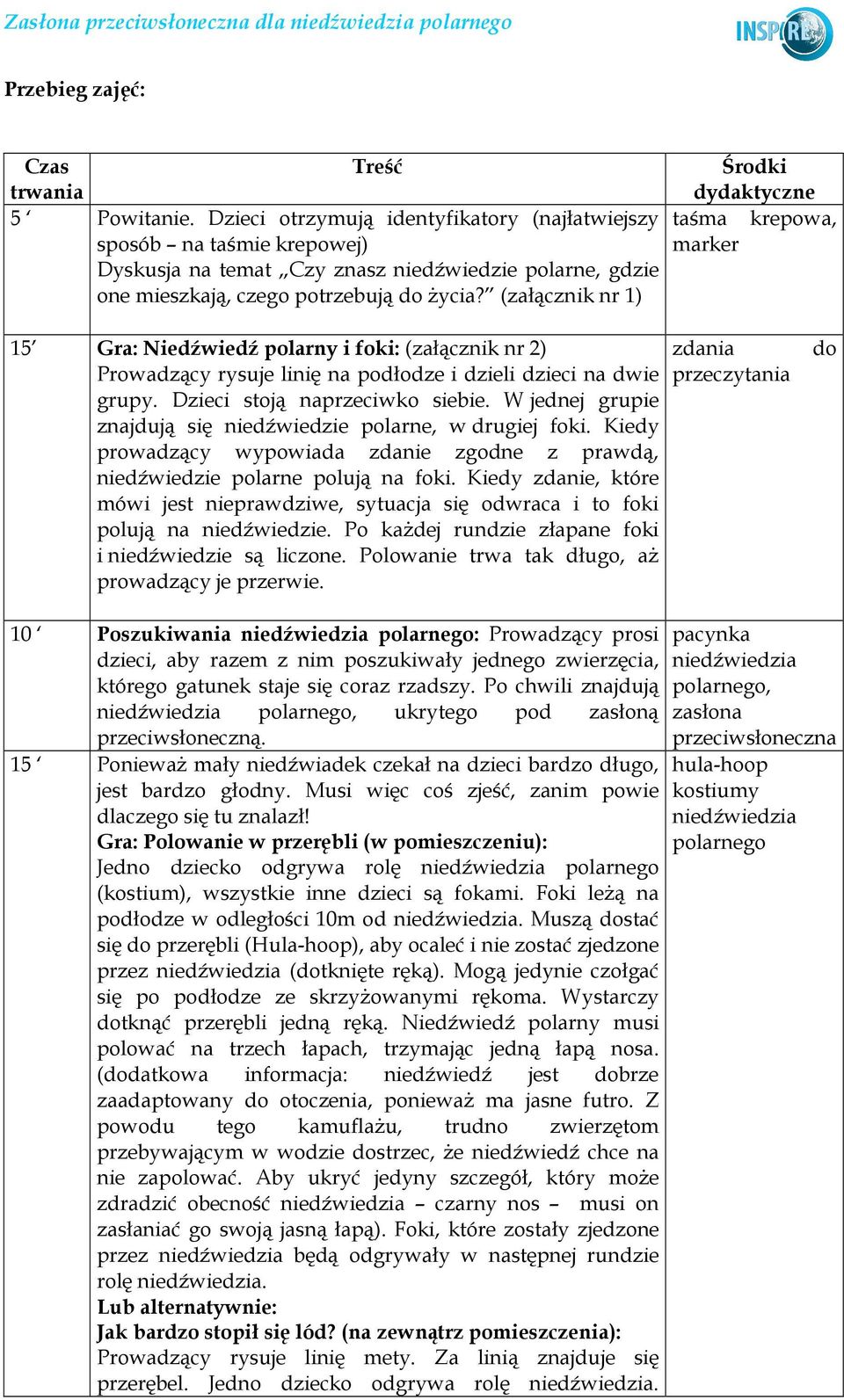 (załącznik nr 1) Środki dydaktyczne taśma krepowa, marker 15 Gra: Niedźwiedź polarny i foki: (załącznik nr 2) Prowadzący rysuje linię na podłodze i dzieli dzieci na dwie grupy.