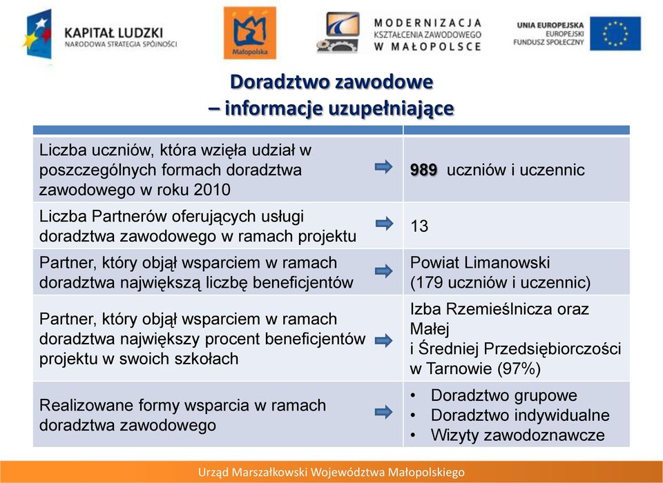 największy procent beneficjentów projektu w swoich szkołach Realizowane formy wsparcia w ramach doradztwa zawodowego 989 uczniów i uczennic 13 Powiat Limanowski (179 uczniów i