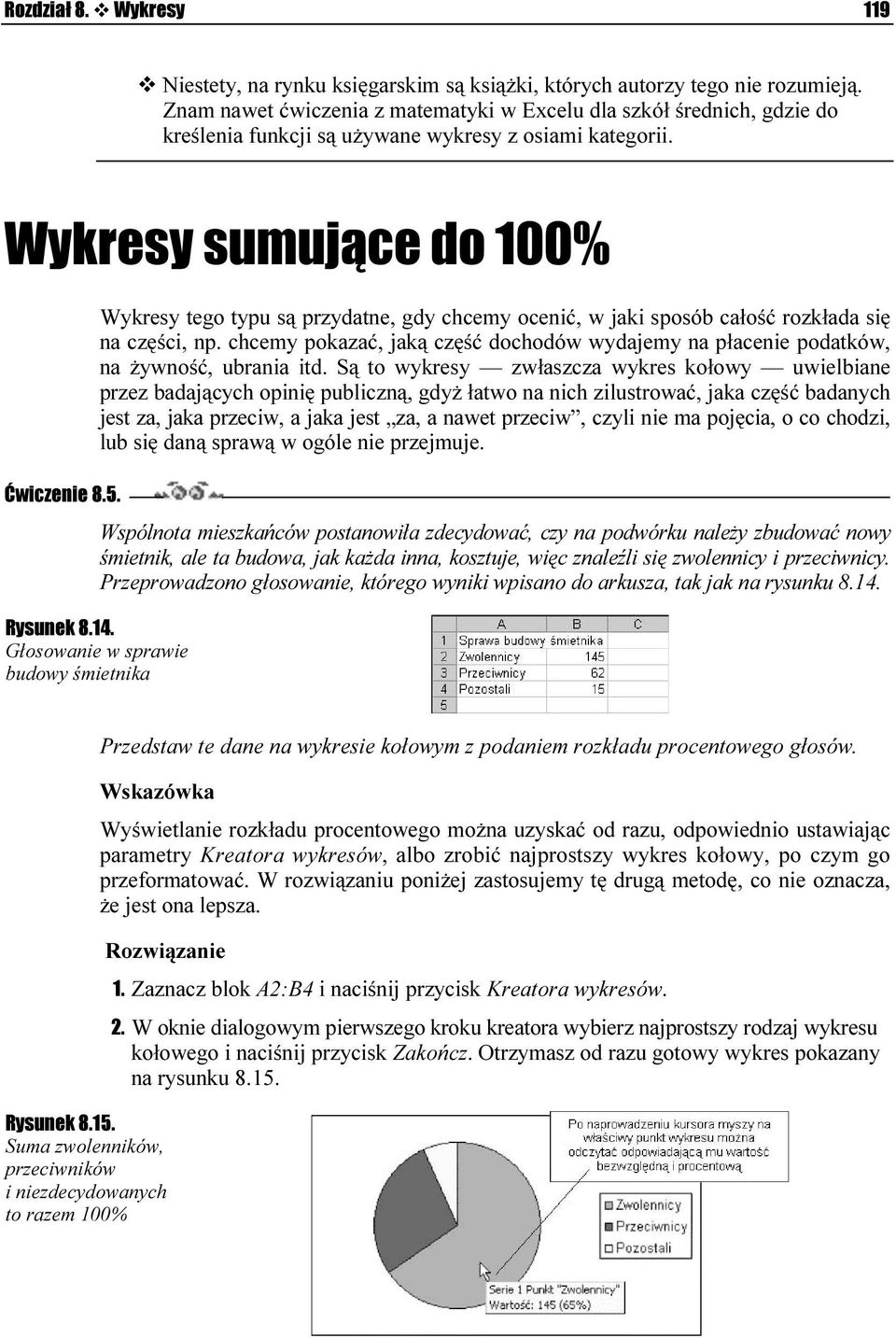 Wykresy tego typu są przydatne, gdy chcemy ocenić, w jaki sposób całość rozkłada się na części, np. chcemy pokazać, jaką część dochodów wydajemy na płacenie podatków, na żywność, ubrania itd.