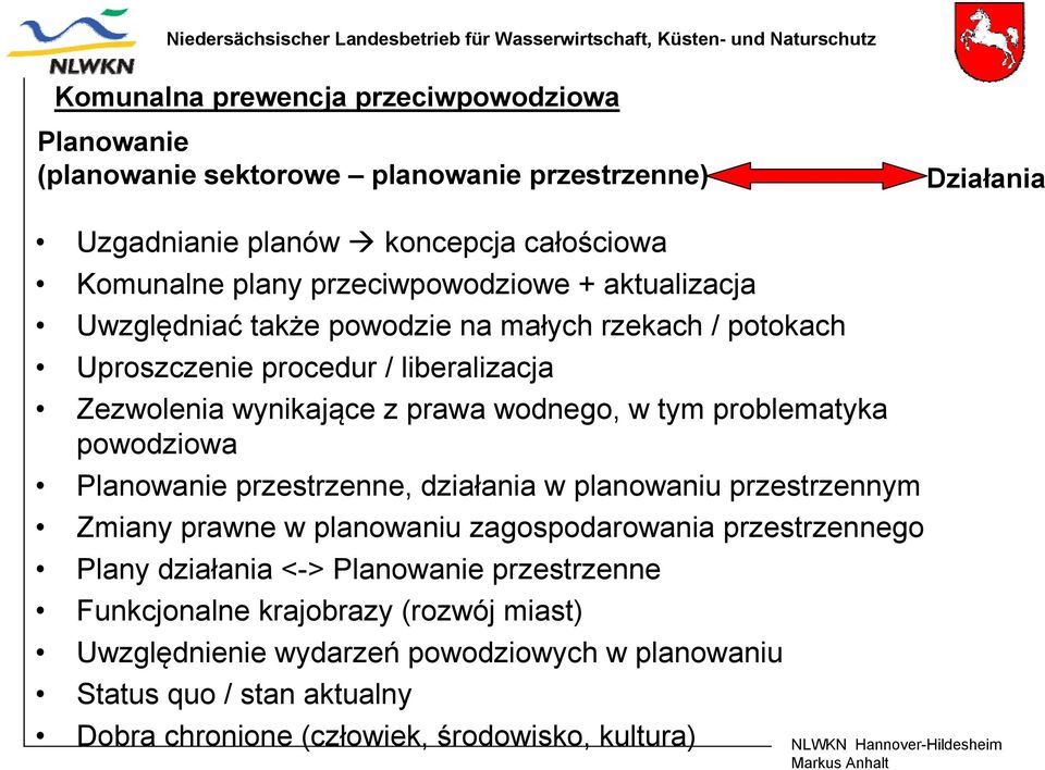 problematyka powodziowa Planowanie przestrzenne, działania w planowaniu przestrzennym Zmiany prawne w planowaniu zagospodarowania przestrzennego Plany działania <->