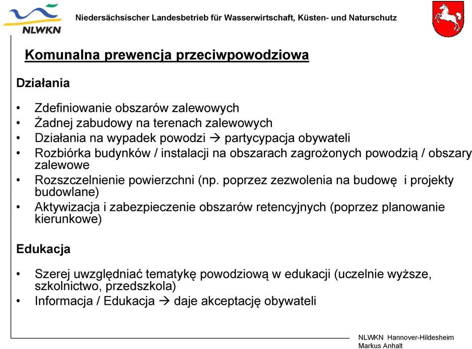 (np. poprzez zezwolenia na budowę i projekty budowlane) Aktywizacja i zabezpieczenie obszarów retencyjnych (poprzez planowanie kierunkowe)