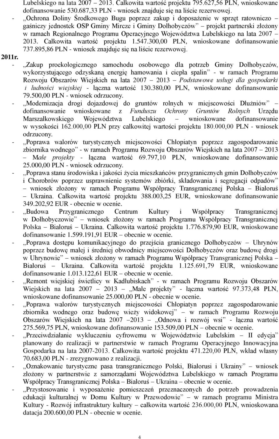 Operacyjnego Województwa Lubelskiego na lata 2007 2013. Całkowita wartość projektu 1.547.300,00 PLN, wnioskowane dofinansowanie 737.895,86 PLN - wniosek znajduje się na liście rezerwowej.