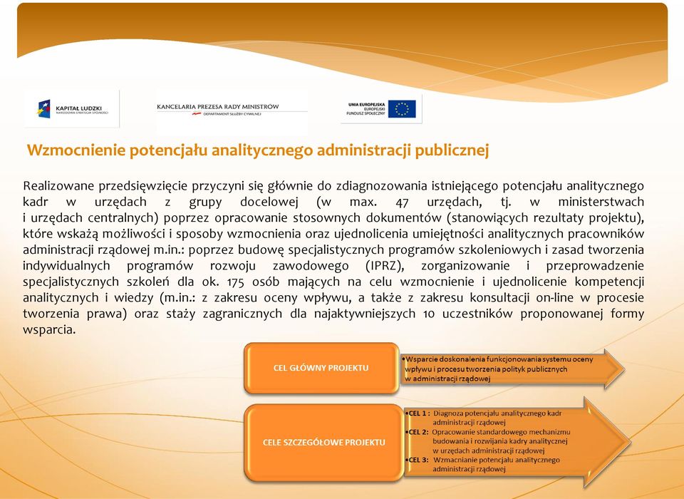 w ministerstwach i urzędach centralnych) poprzez opracowanie stosownych dokumentów (stanowiących rezultaty projektu), które wskażą możliwości i sposoby wzmocnienia oraz ujednolicenia umiejętności