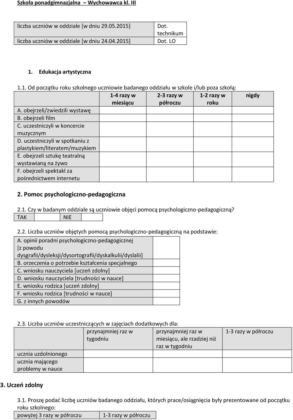 obejrzeli/zwiedzili wystawę B. obejrzeli film C. uczestniczyli w koncercie muzycznym D. uczestniczyli w spotkaniu z plastykiem/literatem/muzykiem E. obejrzeli sztukę teatralną wystawianą na żywo F.