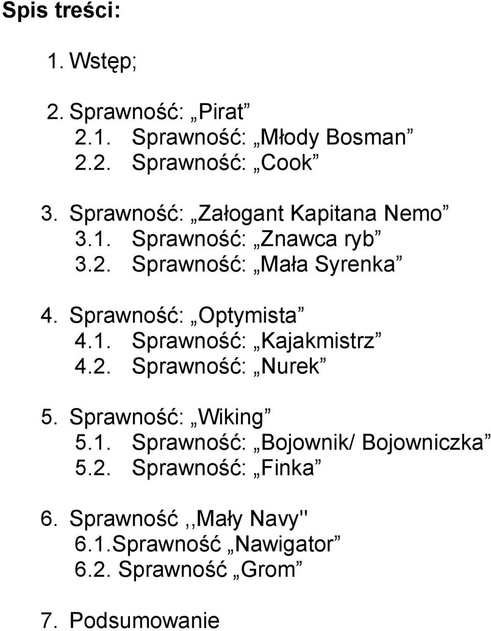 Sprawność: Optymista 4.1. Sprawność: Kajakmistrz 4.2. Sprawność: Nurek 5. Sprawność: Wiking 5.1. Sprawność: Bojownik/ Bojowniczka 5.