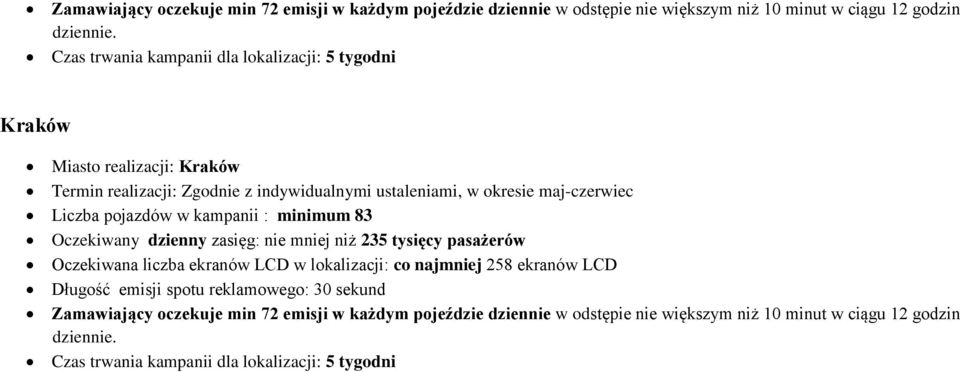 pojazdów w kampanii : minimum 83 Oczekiwany dzienny zasięg: nie mniej niż 235 tysięcy pasażerów Oczekiwana liczba ekranów LCD w lokalizacji: co najmniej 258 ekranów LCD