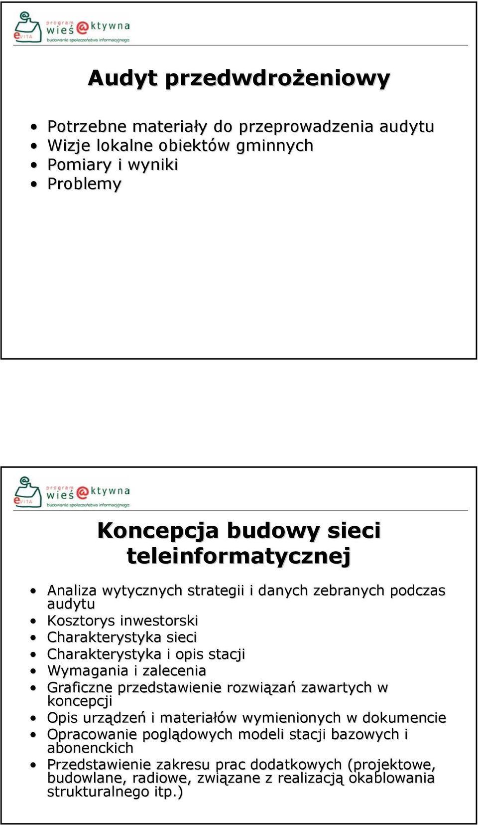 Wymagania i zalecenia Graficzne przedstawienie rozwiązań zawartych w koncepcji Opis urządzeń i materiałów wymienionych w dokumencie Opracowanie poglądowych