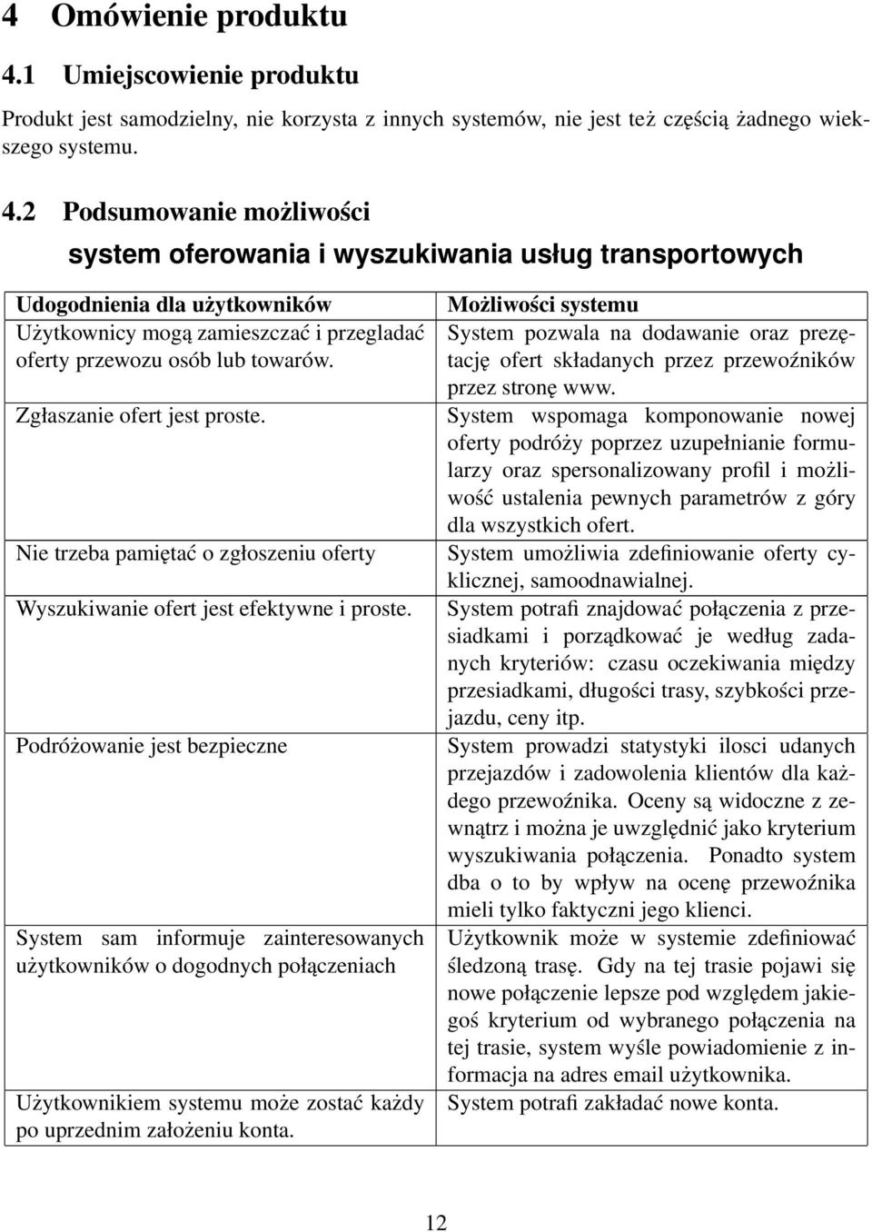 2 Podsumowanie możliwości system oferowania i wyszukiwania usług transportowych Udogodnienia dla użytkowników Użytkownicy mogą zamieszczać i przegladać oferty przewozu osób lub towarów.