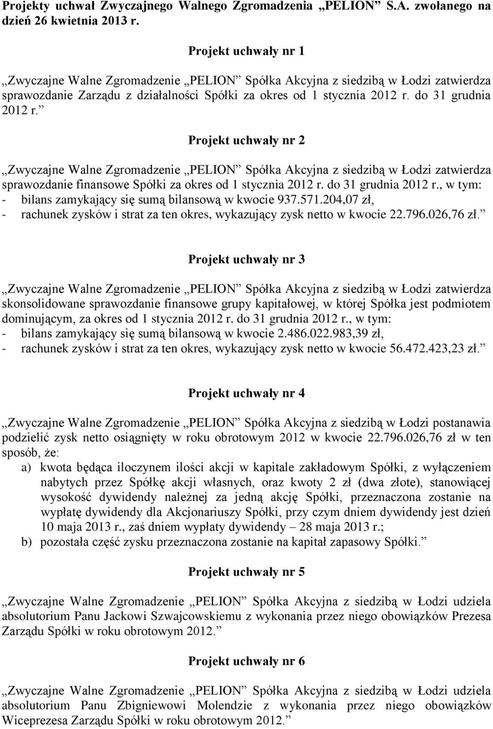 204,07 zł, - rachunek zysków i strat za ten okres, wykazujący zysk netto w kwocie 22.796.026,76 zł.