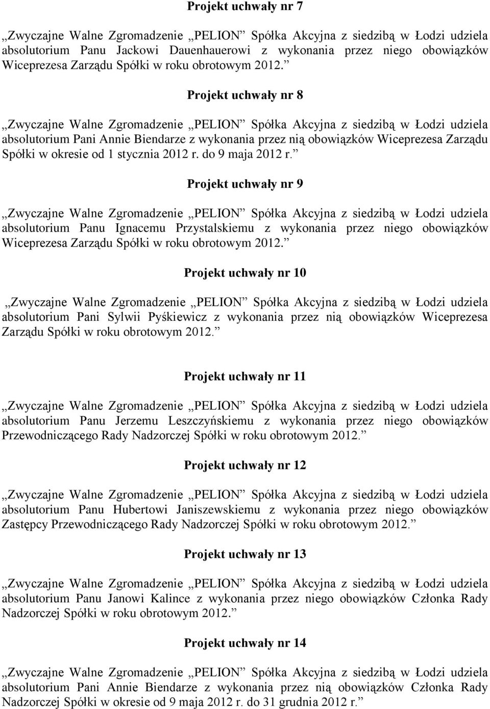 Projekt uchwały nr 9 absolutorium Panu Ignacemu Przystalskiemu z wykonania przez niego obowiązków Projekt uchwały nr 10 absolutorium Pani Sylwii Pyśkiewicz z wykonania przez nią obowiązków