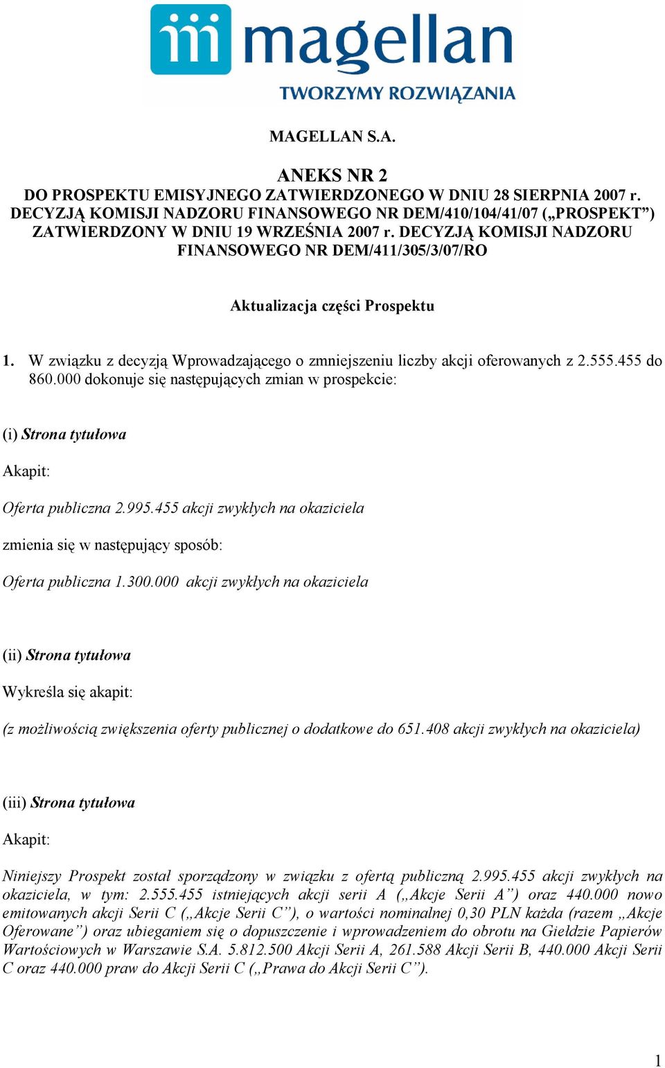 000 dokonuje się następujących zmian w prospekcie: (i) Strona tytułowa Oferta publiczna 2.995.455 akcji zwykłych na okaziciela Oferta publiczna 1.300.