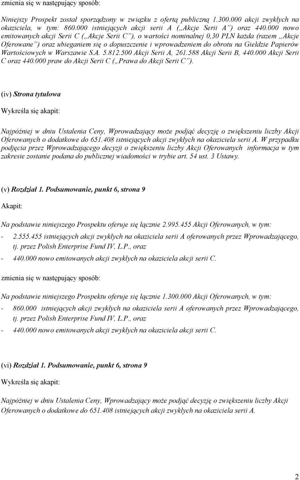 Wartościowych w Warszawie S.A. 5.812.500 Akcji Serii A, 261.588 Akcji Serii B, 440.000 Akcji Serii C oraz 440.000 praw do Akcji Serii C ( Prawa do Akcji Serii C ).