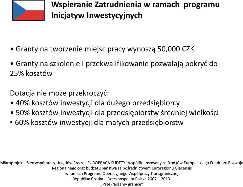 kosztów Dotacja nie może przekroczyd: 40% kosztów inwestycji dla dużego przedsiębiorcy 50%