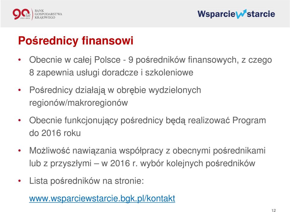 pośrednicy będą realizować Program do 2016 roku Możliwość nawiązania współpracy z obecnymi pośrednikami lub z