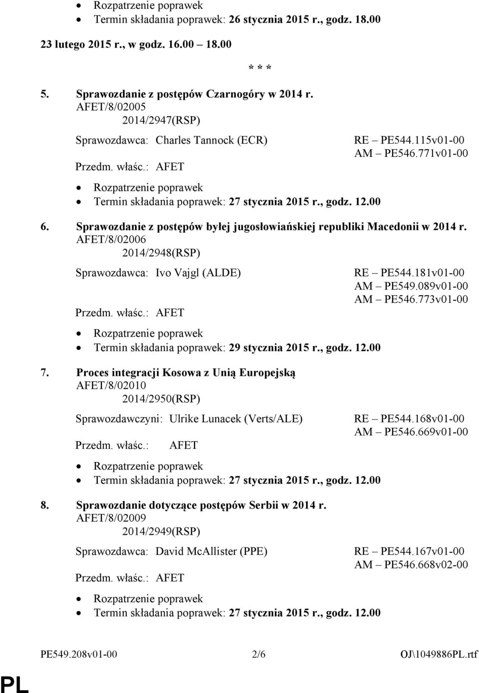 AFET/8/02006 2014/2948(RSP) Sprawozdawca: Ivo Vajgl (ALDE) Termin składania poprawek: 29 stycznia 2015 r., godz. 12.00 7.