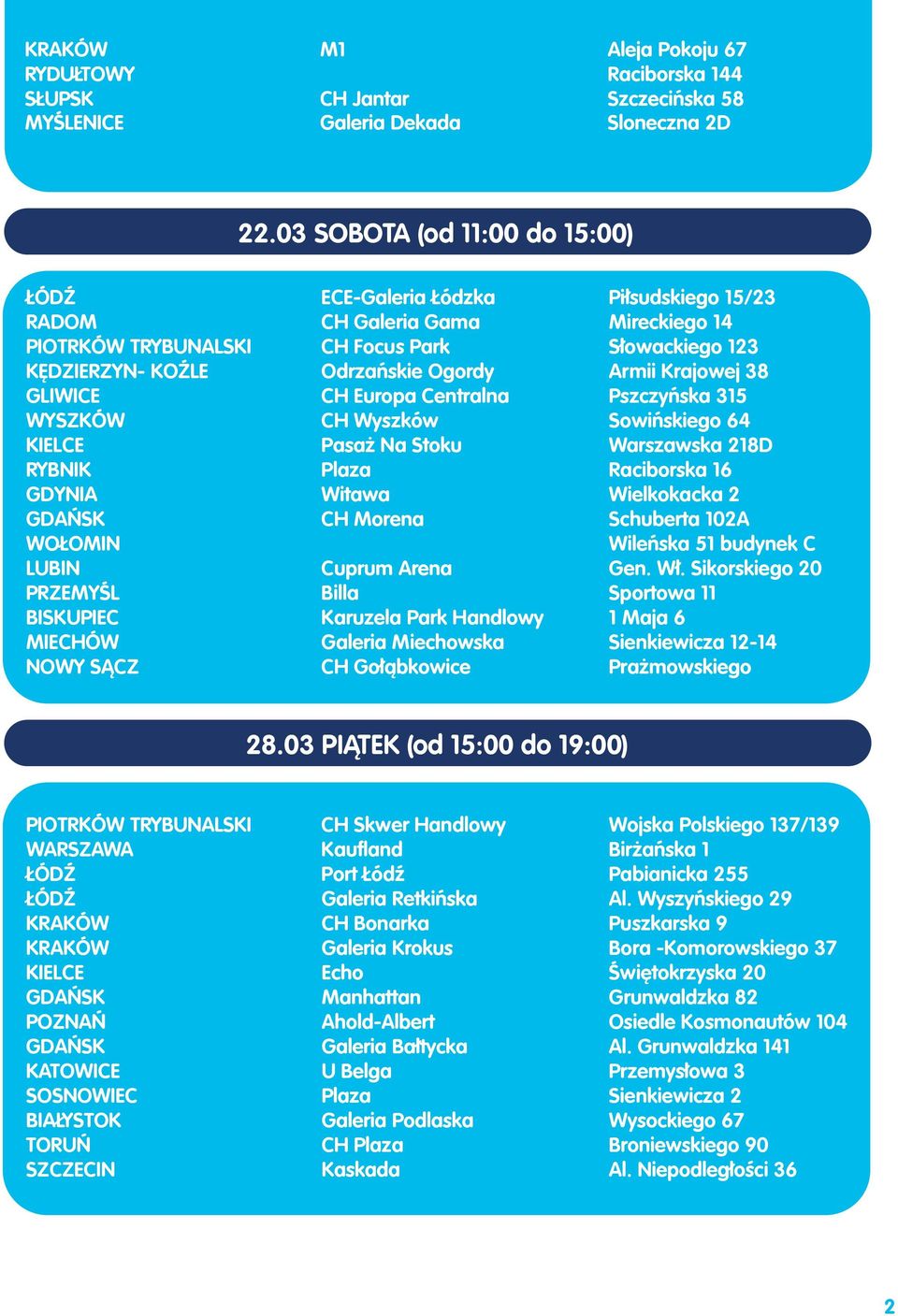 Centralna CH Wyszków Pasaż Na Stoku Witawa CH Morena Cuprum Arena Billa Karuzela Park Handlowy Galeria Miechowska CH Gołąbkowice Piłsudskiego 15/23 Mireckiego 14 Słowackiego 123 Armii Krajowej 38