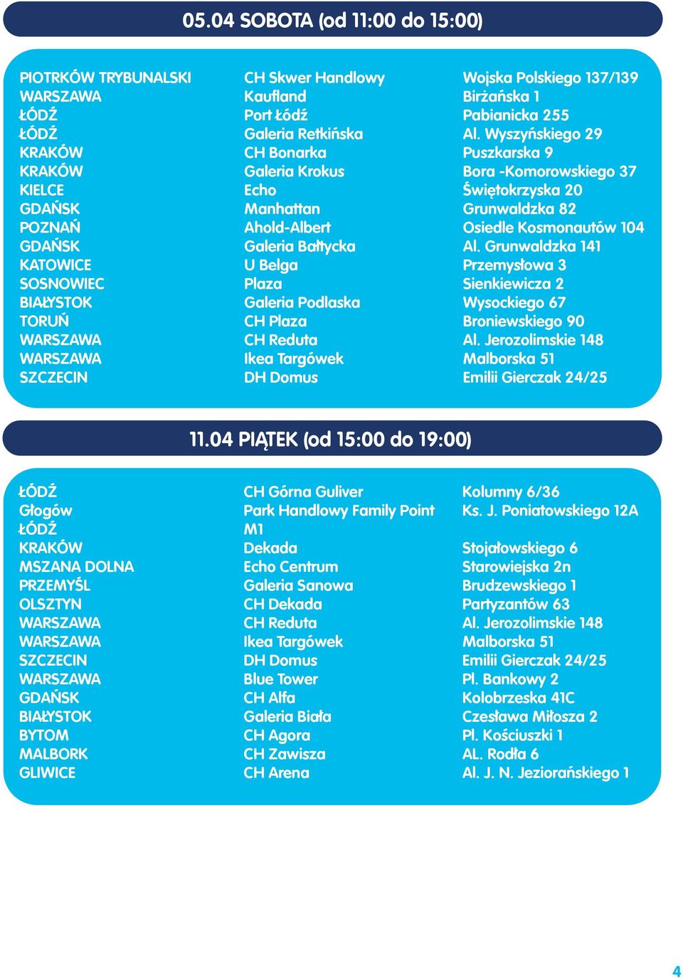 Grunwaldzka 141 Przemysłowa 3 Sienkiewicza 2 Wysockiego 67 Broniewskiego 90 Al. Jerozolimskie 148 Malborska 51 Emilii Gierczak 24/25 11.