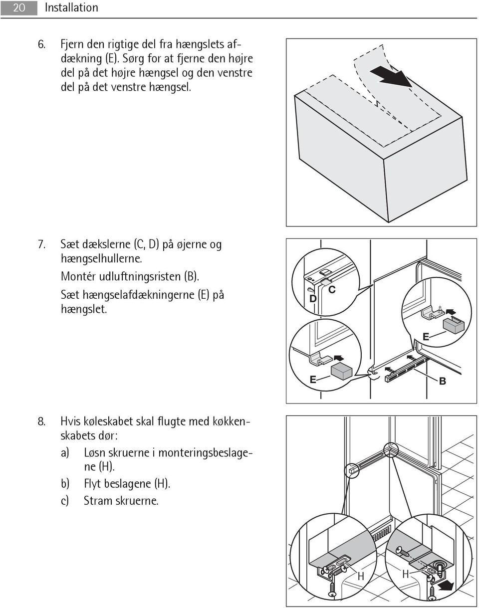 Sæt dækslerne (C, D) på øjerne og hængselhullerne. Montér udluftningsristen (B).