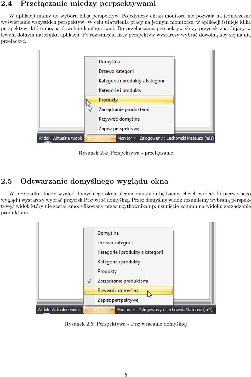 Do przełączania perspektyw służy przycisk znajdujący w lewym dolnym narożniku aplikacji. Po rozwinięciu listy perspektyw wystarczy wybrać dowolną aby się na nią przełączyć. Rysunek 2.