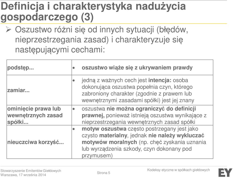 .. jedną z ważnych cech jest intencja: osoba dokonująca oszustwa popełnia czyn, którego zabroniony charakter (zgodnie z prawem lub wewnętrznymi zasadami spółki) jest jej znany oszustwa nie można