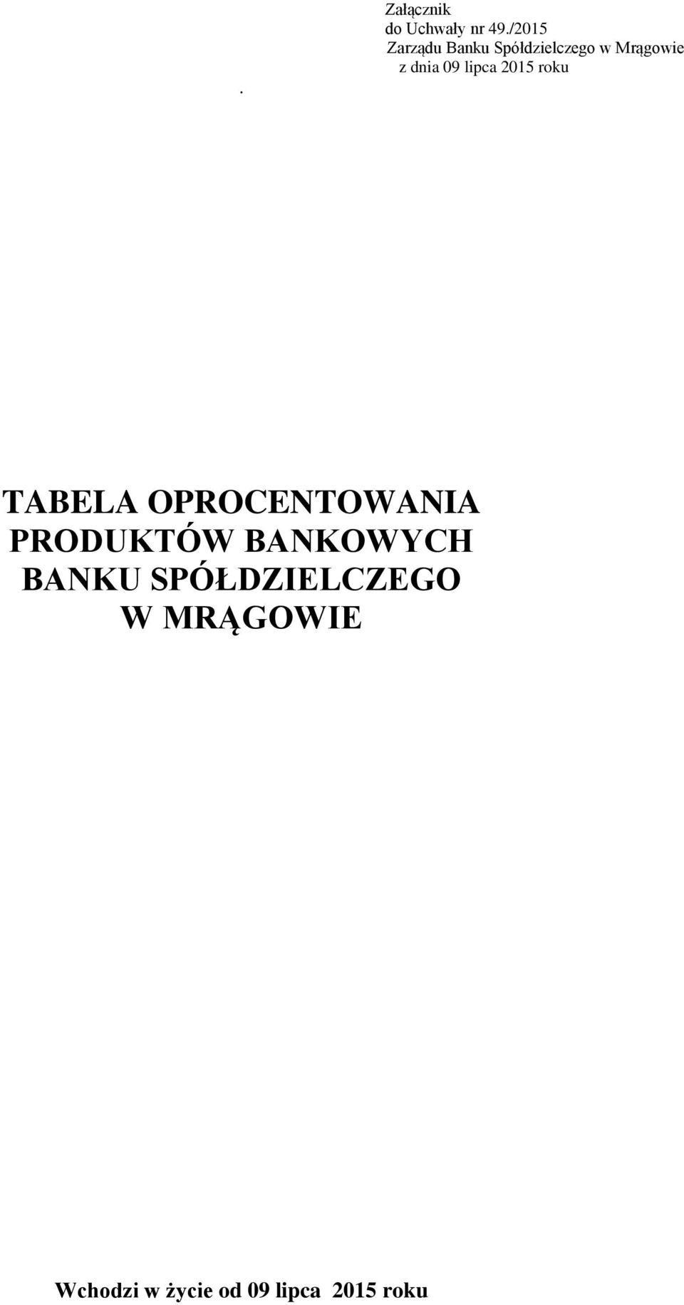 09 lipca 2015 roku TABELA OPROCENTOWANIA PRODUKTÓW